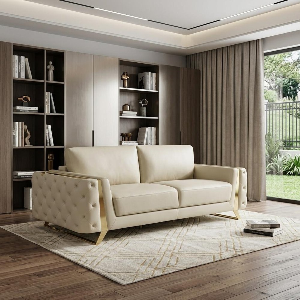 90" Beige Italian Leather Sofa With Gold Legs