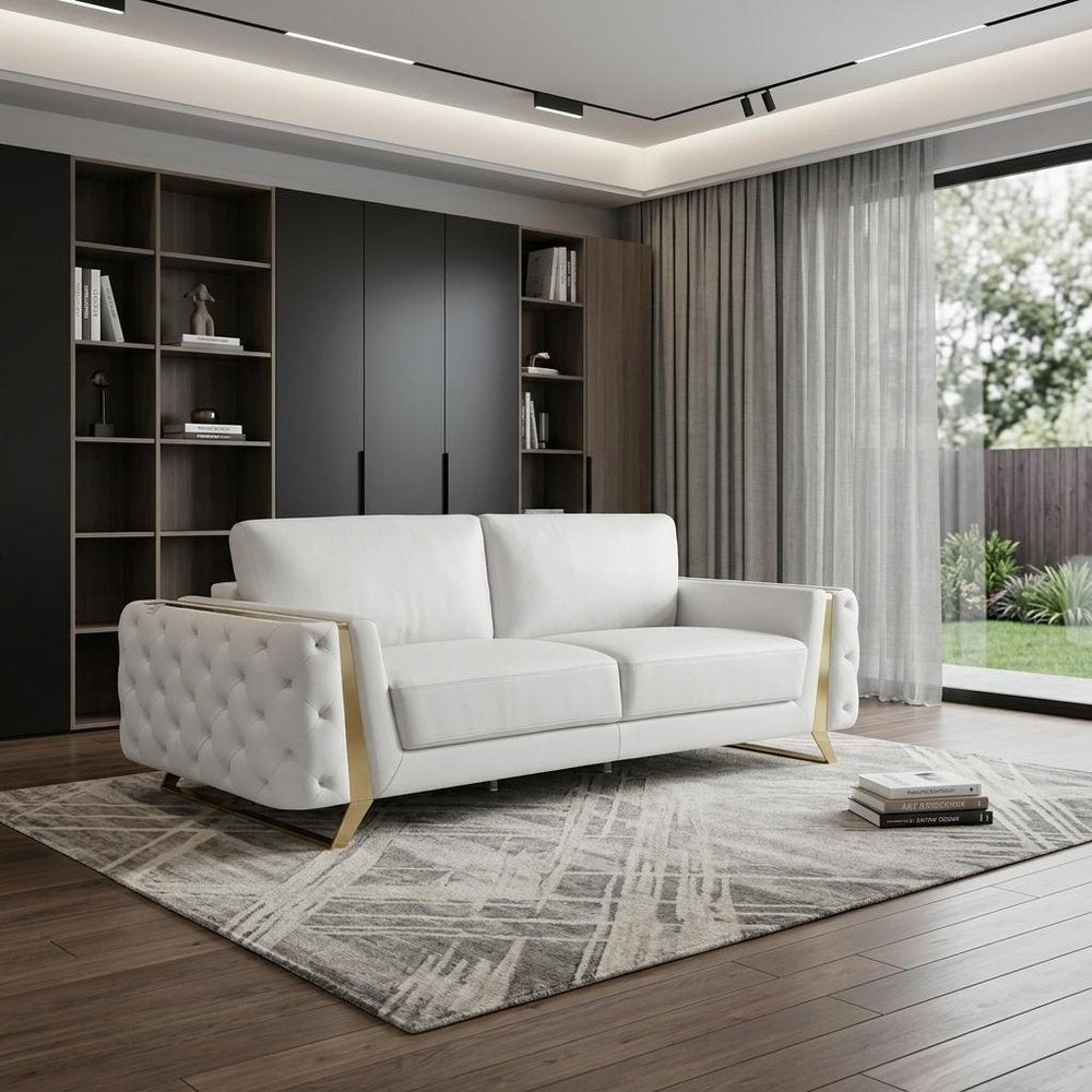 90" White Italian Leather Sofa With Gold Legs