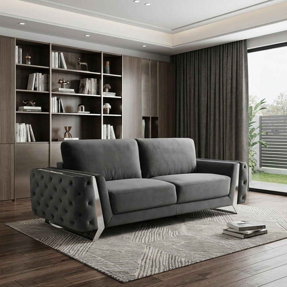 90" Gray Velvet Sofa With Silver Legs