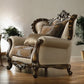 49" Tan and Brown Fabric Damask Tufted Wingback Chair And Toss Pillows