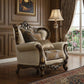 49" Tan and Brown Fabric Damask Tufted Wingback Chair And Toss Pillows