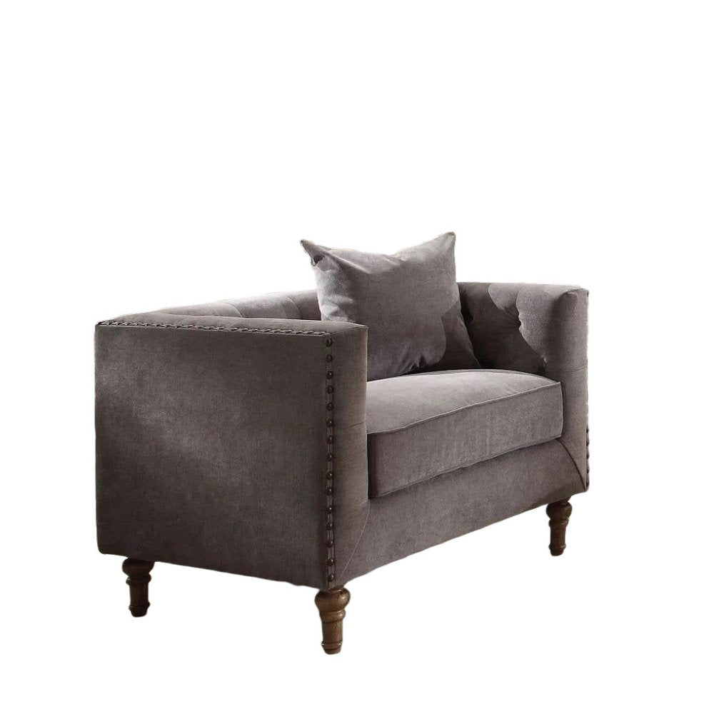 41" Gray and Antiqued Brass Velvet Tufted Arm Chair And Toss Pillow