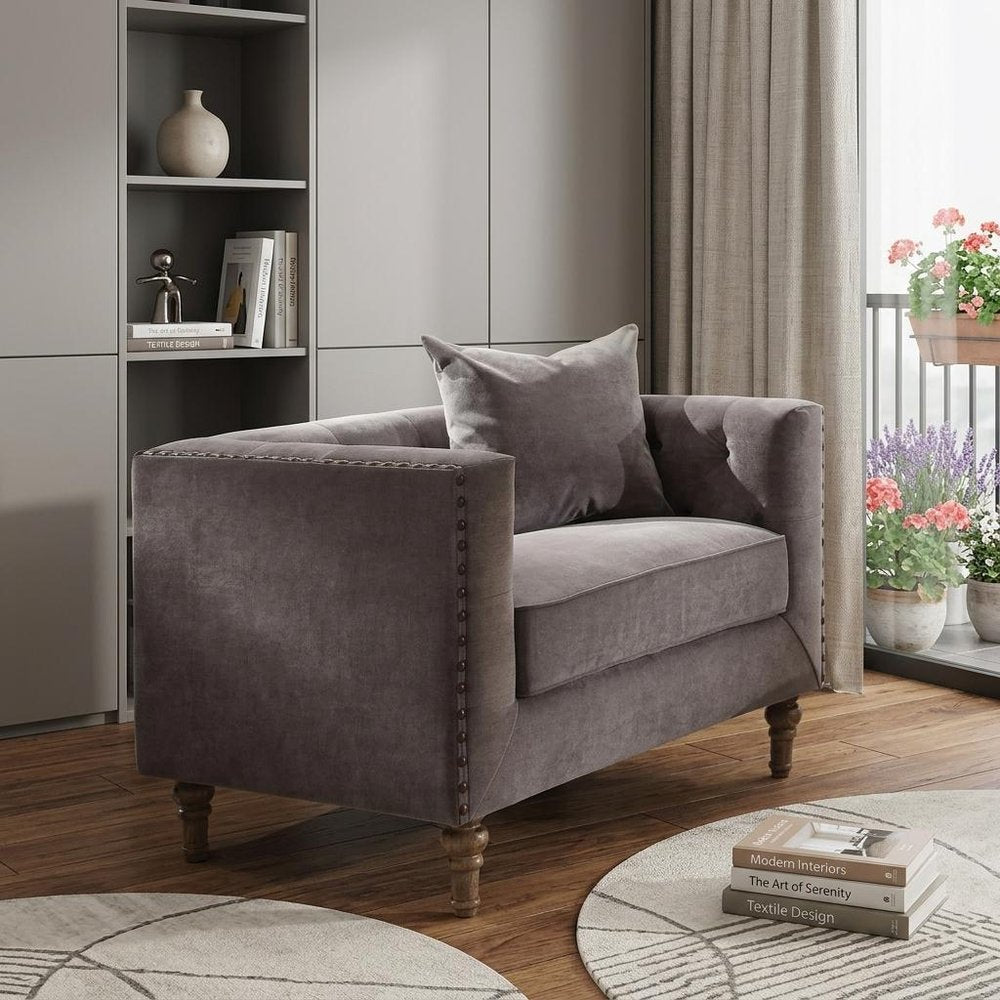 41" Gray and Antiqued Brass Velvet Tufted Arm Chair And Toss Pillow