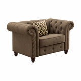 45" Brown and Black Linen Tufted Chesterfield Chair And Toss Pillow