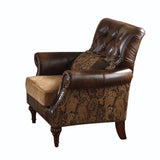 38" Brown and Black Faux Leather Floral Tufted Arm Chair And Toss Pillow
