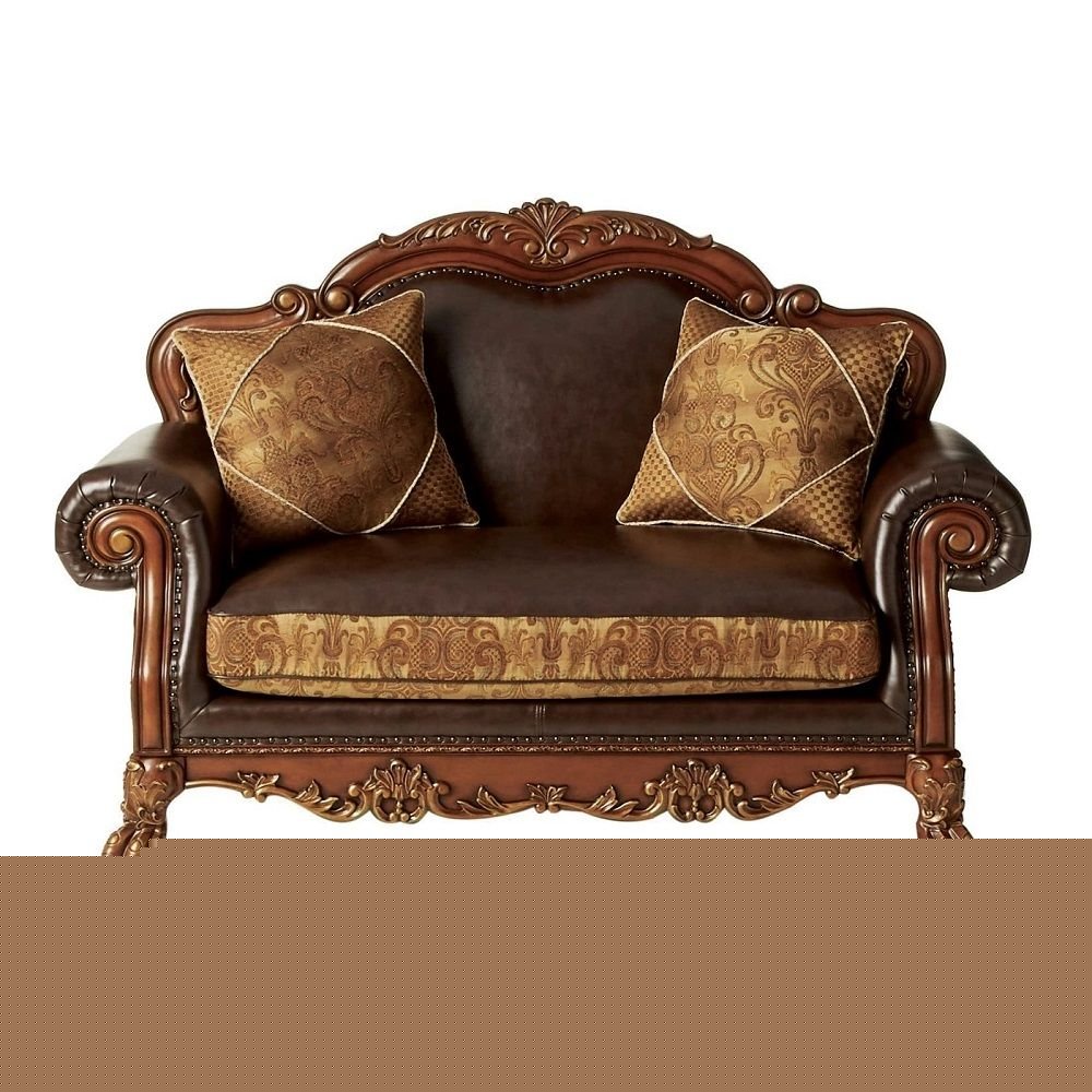 46" Brown and Cherry Blossom Pink Faux Leather Floral Tufted Arm Chair And Toss Pillow
