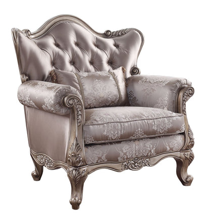 45" Champagne Fabric Floral Tufted Arm Chair And Toss Pillow