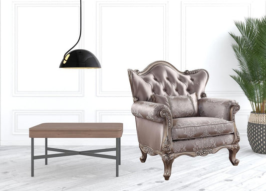 45" Champagne Fabric Floral Tufted Arm Chair And Toss Pillow