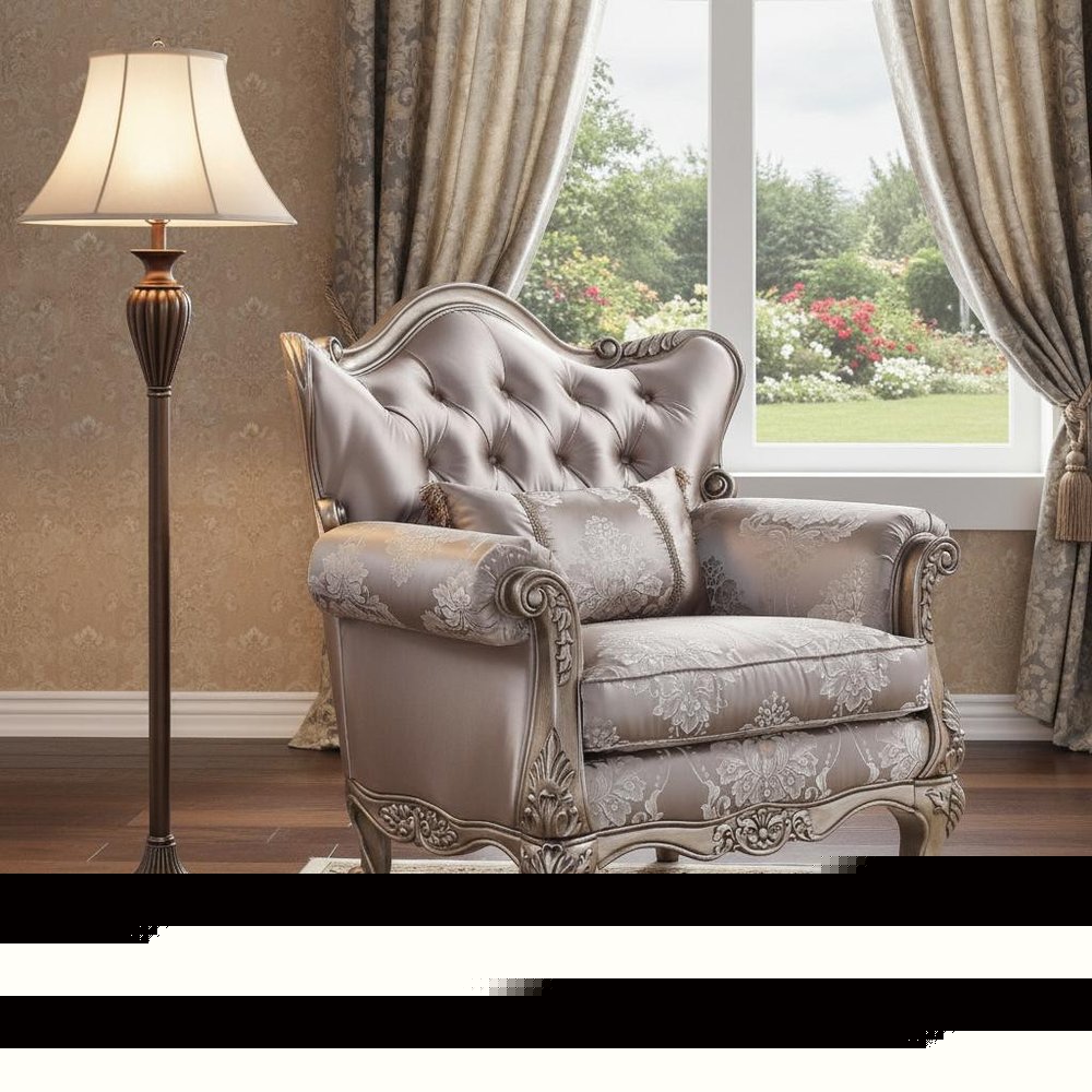 45" Champagne Fabric Floral Tufted Arm Chair And Toss Pillow