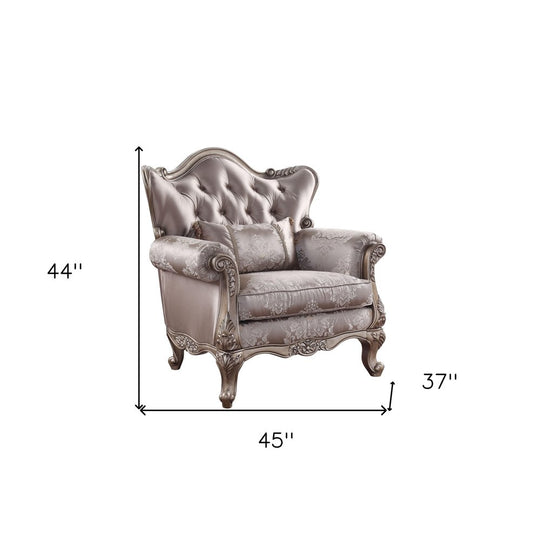 45" Champagne Fabric Floral Tufted Arm Chair And Toss Pillow