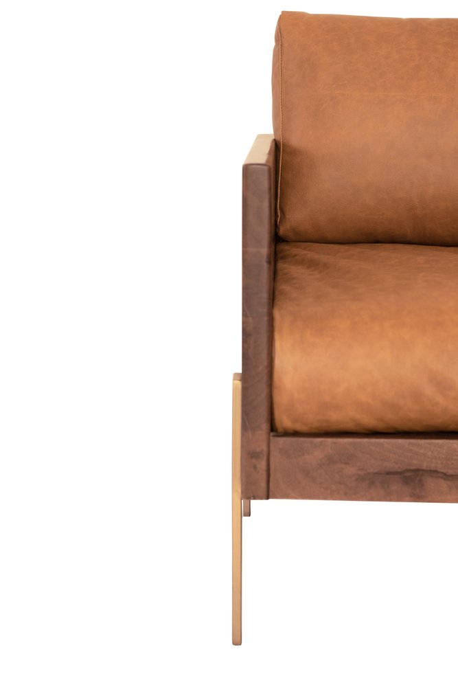 31" Brown Top Grain Leather And Solid Wood Arm Chair