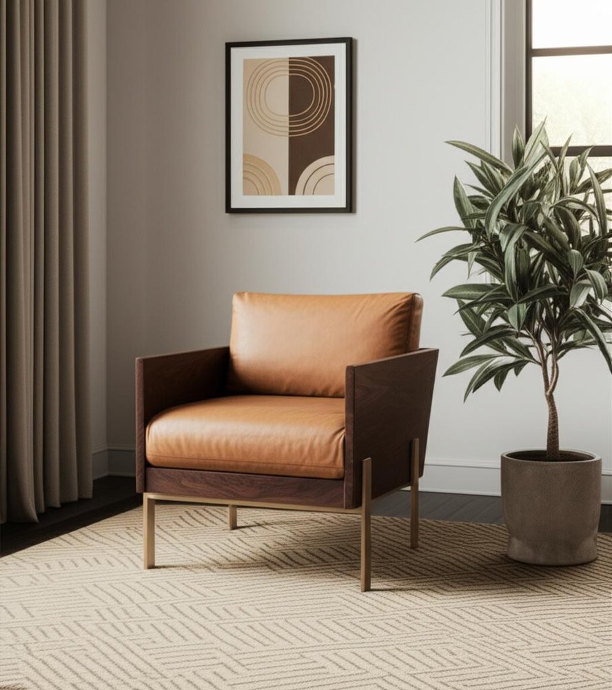 31" Brown Top Grain Leather And Solid Wood Arm Chair