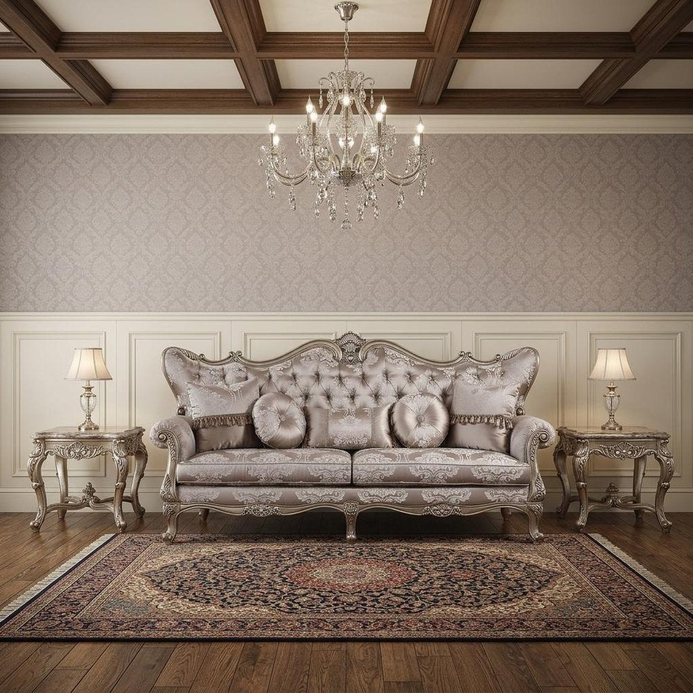 94" Dark Gray Imitation Silk Damask Sofa And Toss Pillows With Champagne Legs