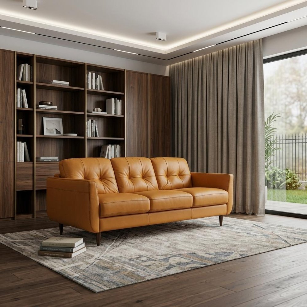 83" Orange Leather Sofa With Black Legs
