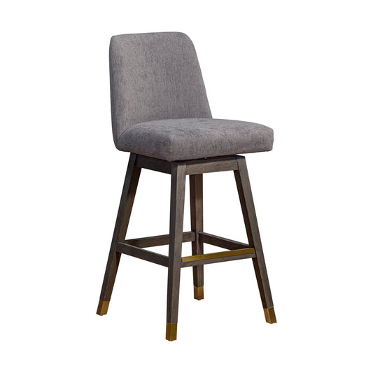 30" Gray and Brown Fabric and Solid Wood Swivel Bar Chair