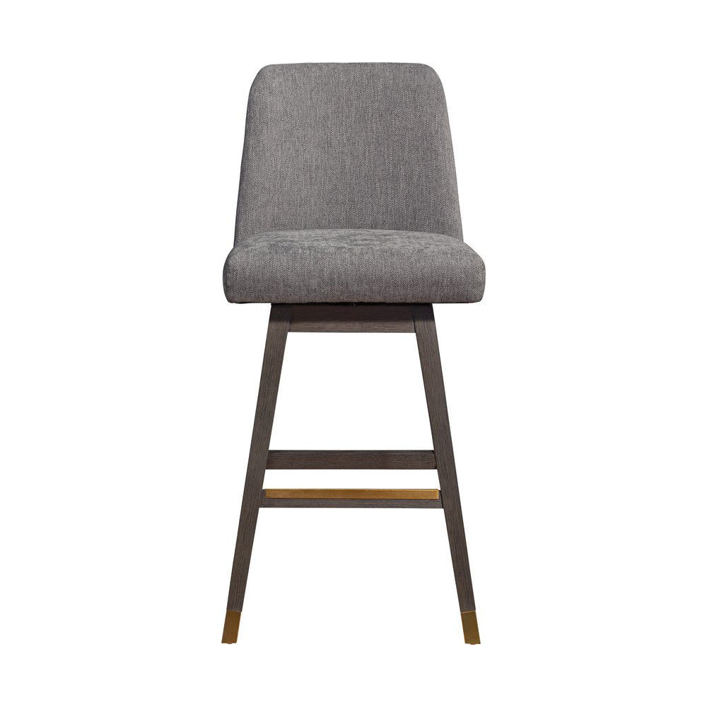 30" Gray and Brown Fabric and Solid Wood Swivel Bar Chair