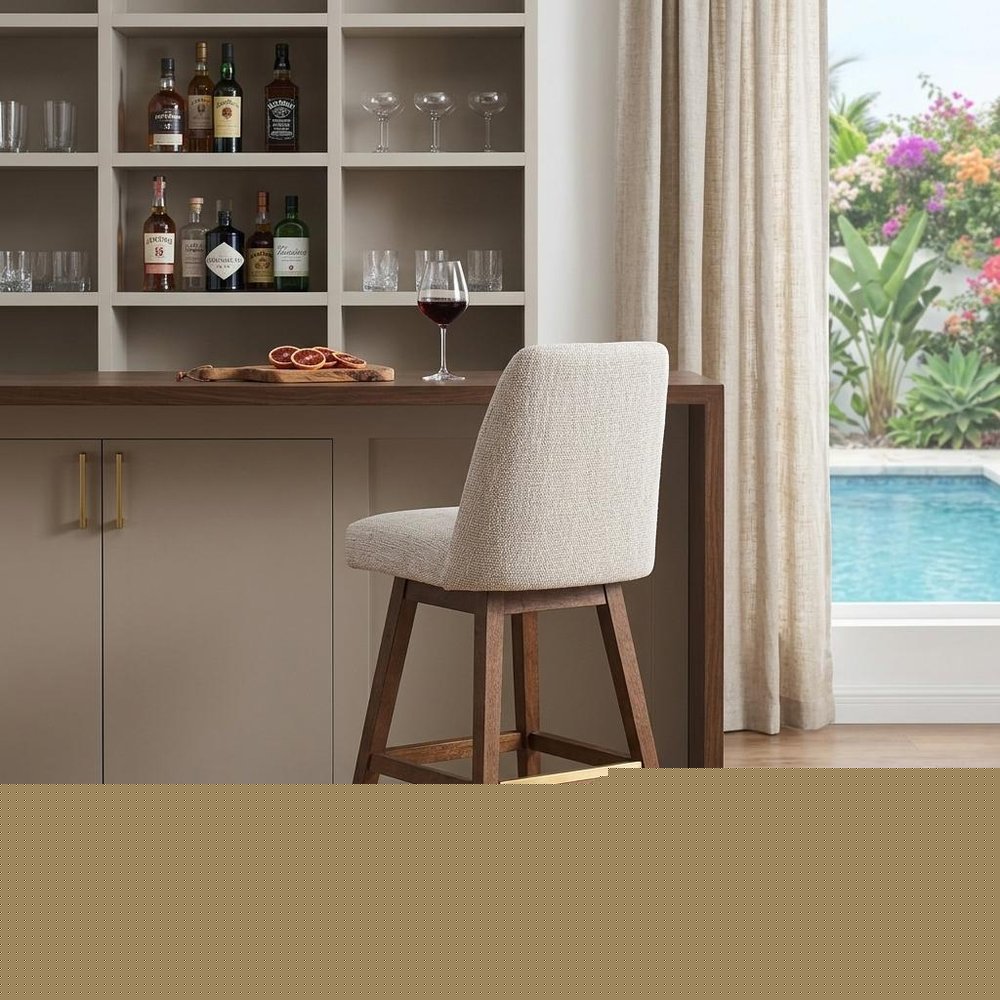 Beige and Brown Solid Wood Bar Height Swivel Bar Chair