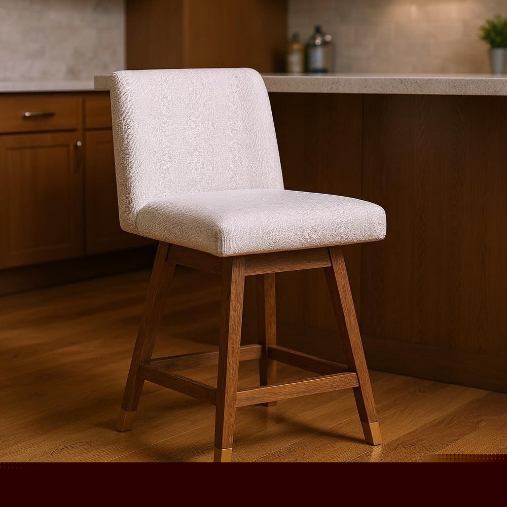 26" Beige And Brown Solid Wood Swivel Bar Height Bar Chair