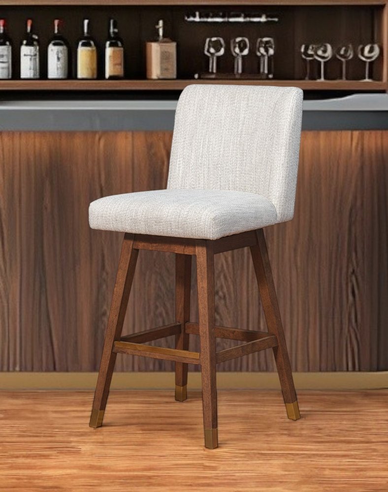 30" Beige and Wood Brown Solid Wood Bar Height Swivel Bar Chair