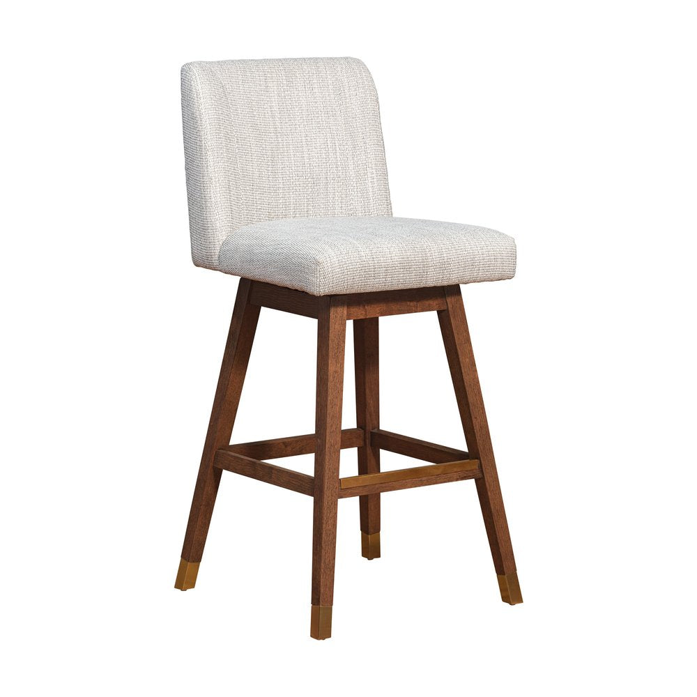 30" Beige and Wood Brown Solid Wood Bar Height Swivel Bar Chair