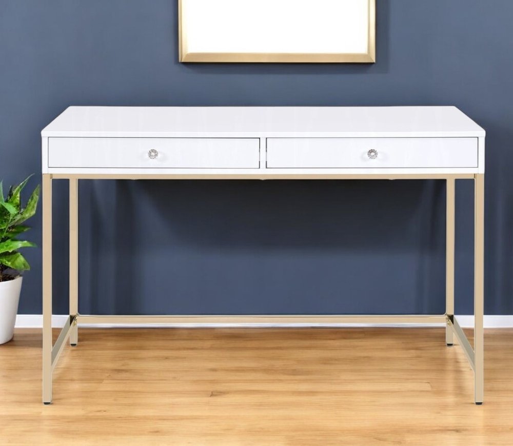 47" White And Gold Wood and Steel Vanity Table With Two Drawers