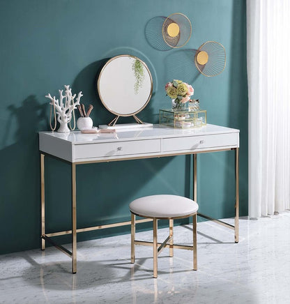 47" White And Gold Wood and Steel Vanity Table With Two Drawers