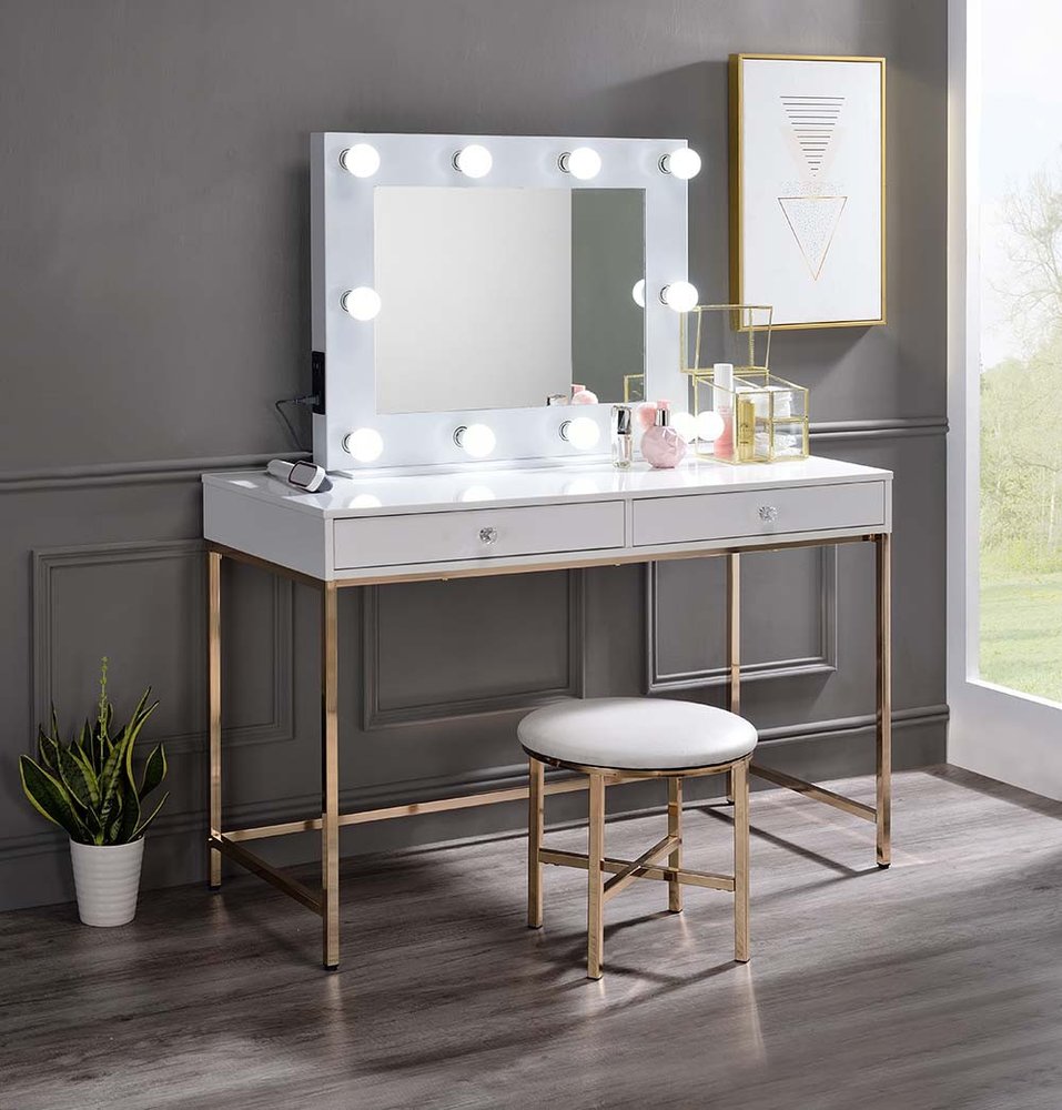 47" White And Gold Wood and Steel Vanity Table With Two Drawers