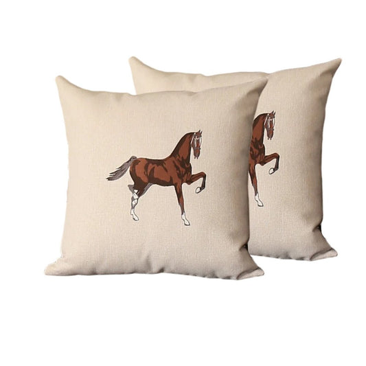 Set of Two 18" Beige and Brown Horse Fabric Throw Pillows with Embroidery