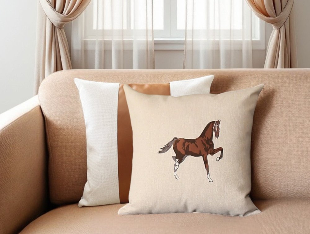 Set of Two Beige and Brown Horse Color Block Fabric and Faux Leather Throw Pillows with Embroidery