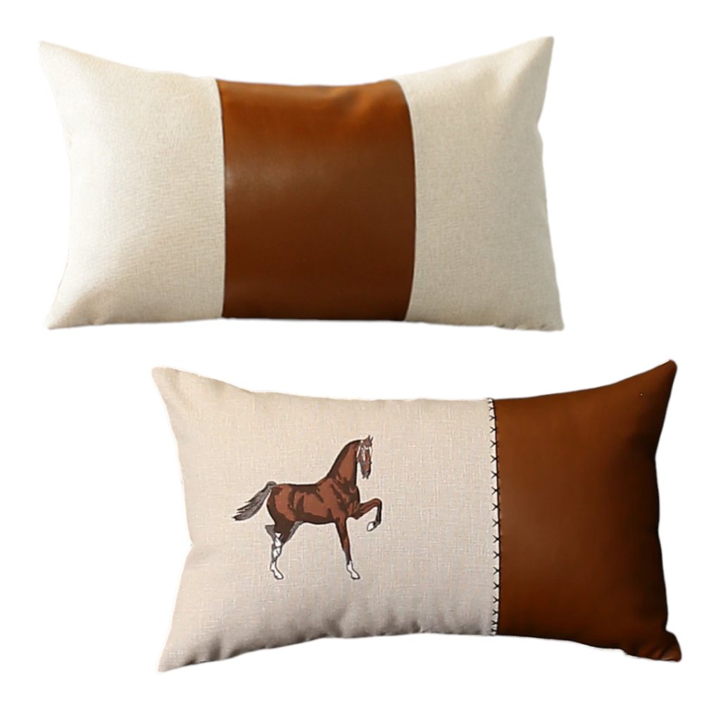 Set of Two Beige and Brown Horse Color Block Fabric and Faux Leather Lumbar Throw Pillows with Embroidery