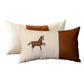 Set of Two Beige and Brown Horse Color Block Fabric and Faux Leather Lumbar Throw Pillows with Embroidery