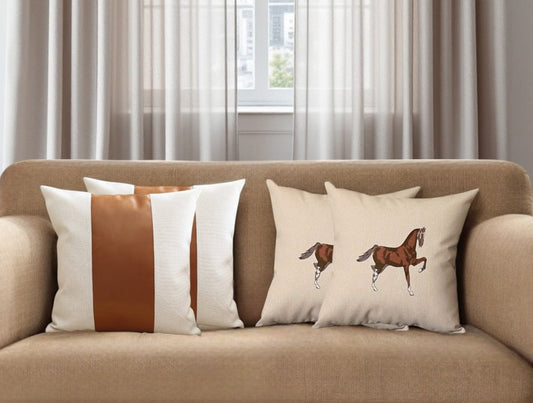 Set of Four Beige and Brown Horse Color Block Fabric and Faux Leather Throw Pillows with Embroidery