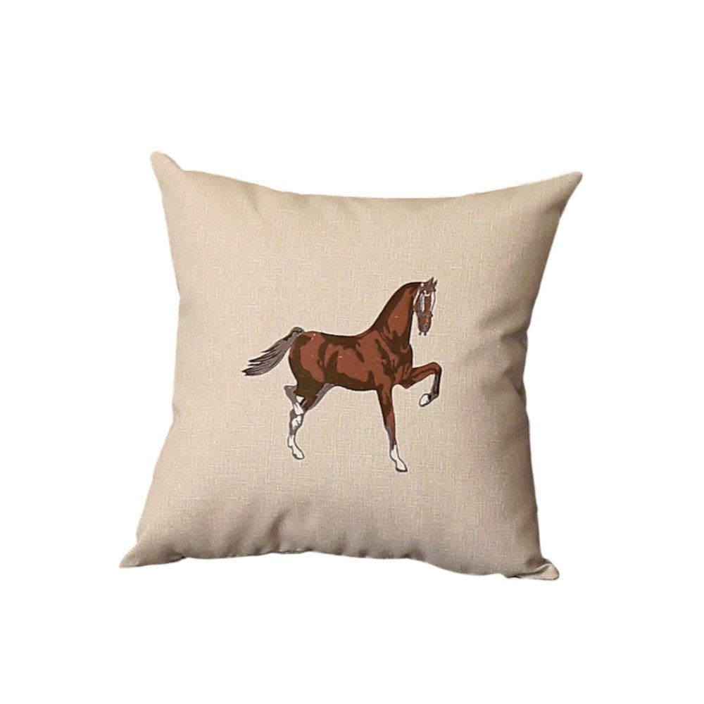 Set of Four Beige and Brown Horse Color Block Fabric and Faux Leather Throw Pillows with Embroidery