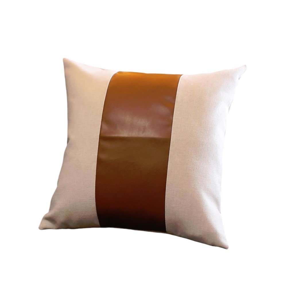 Set of Four Beige and Brown Horse Color Block Fabric and Faux Leather Throw Pillows with Embroidery