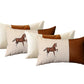 Set of Four Beige and Brown Horse Color Block Fabric and Faux Leather Lumbar Throw Pillows with Embroidery