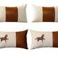 Set of Four Beige and Brown Horse Color Block Fabric and Faux Leather Lumbar Throw Pillows with Embroidery