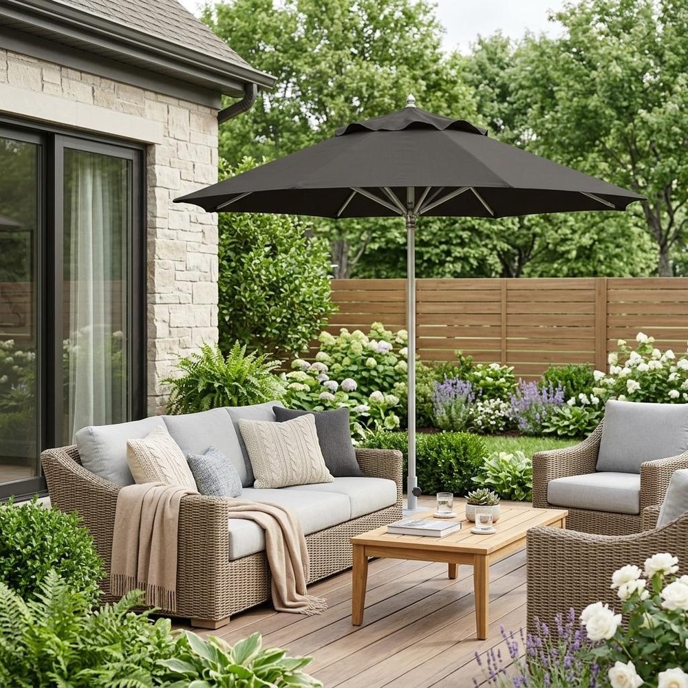 13' Black Polyester Round Market Patio Umbrella