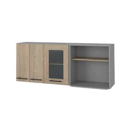24" Gray and Natural Wood Wall Mounted Kitchen Cabinet With Three Doors