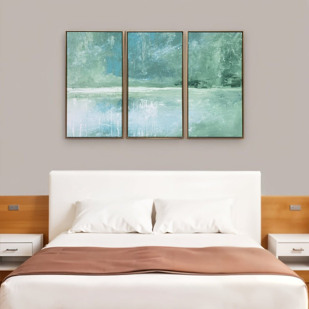 Set Of Three Blue Green Abstract Water with Gold Floater Frame Painting Wall Art