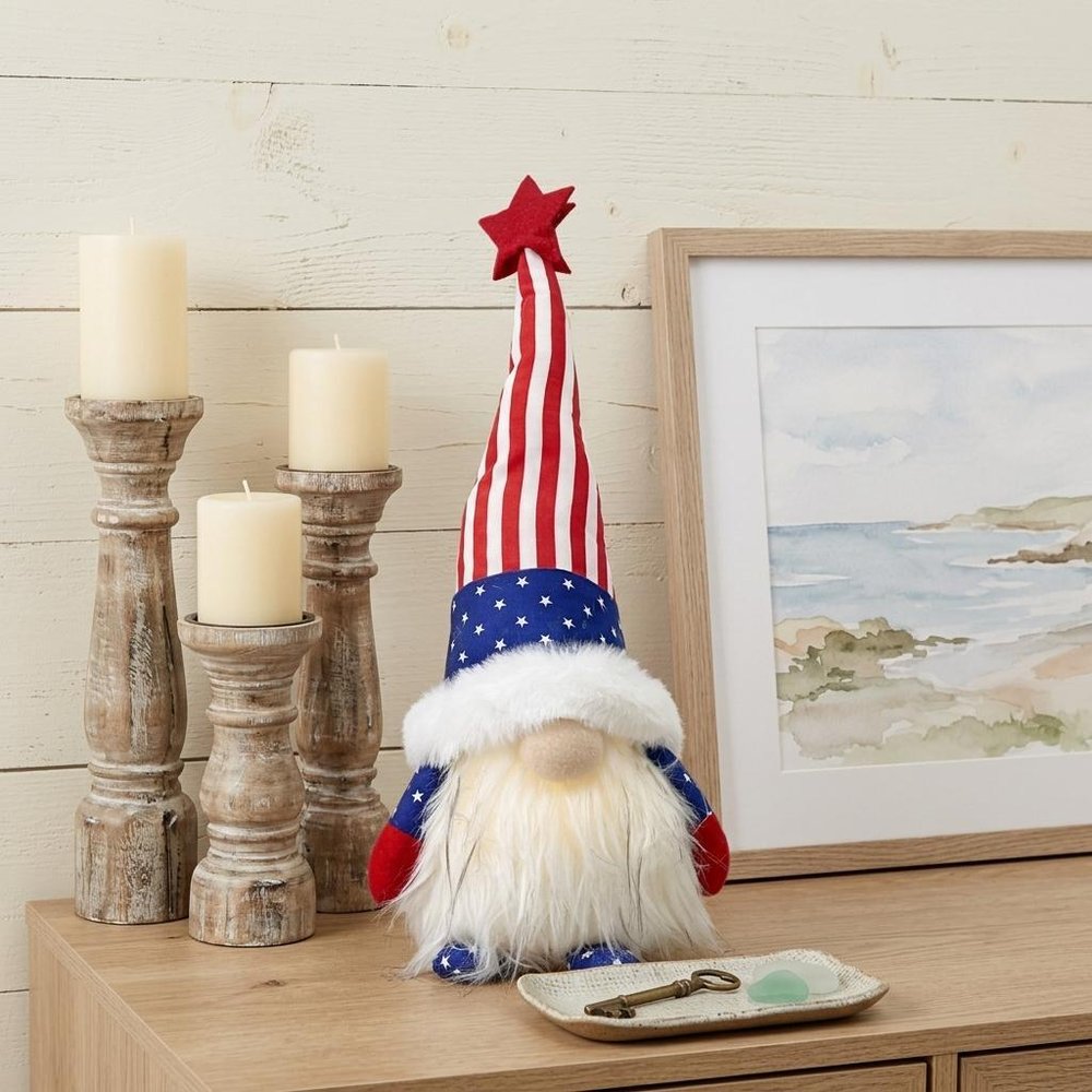 14" Red White and Blue Fabric Independence Day Standing Gnome Tabletop Sculpture with LED