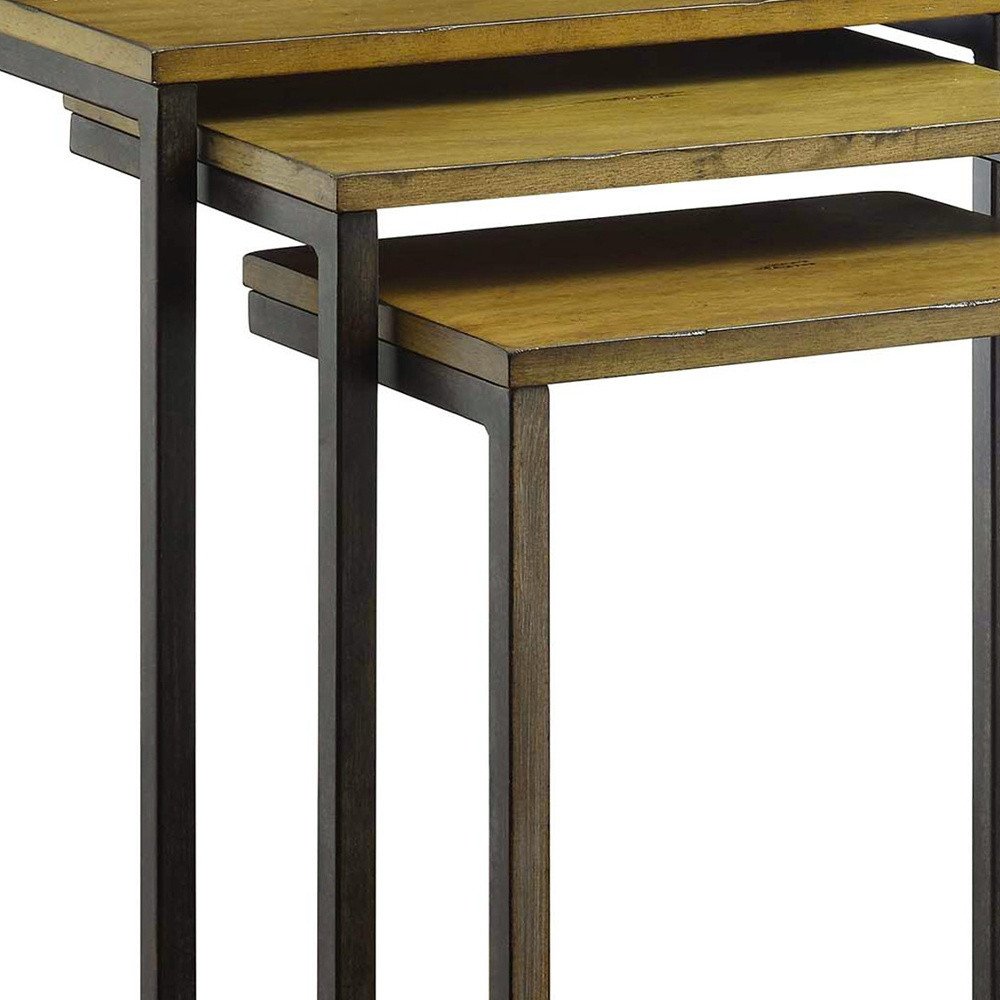 Set of Three Brown and Black Distressed Solid Wood and Steel Frame Nested Tables