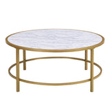 36" White And Gold Faux Marble And Metal Round Coffee Table