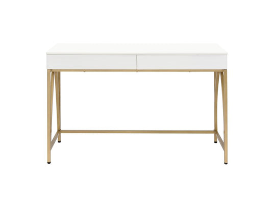 50" White And Gold Wood and Steel Vanity Table With Two Drawers
