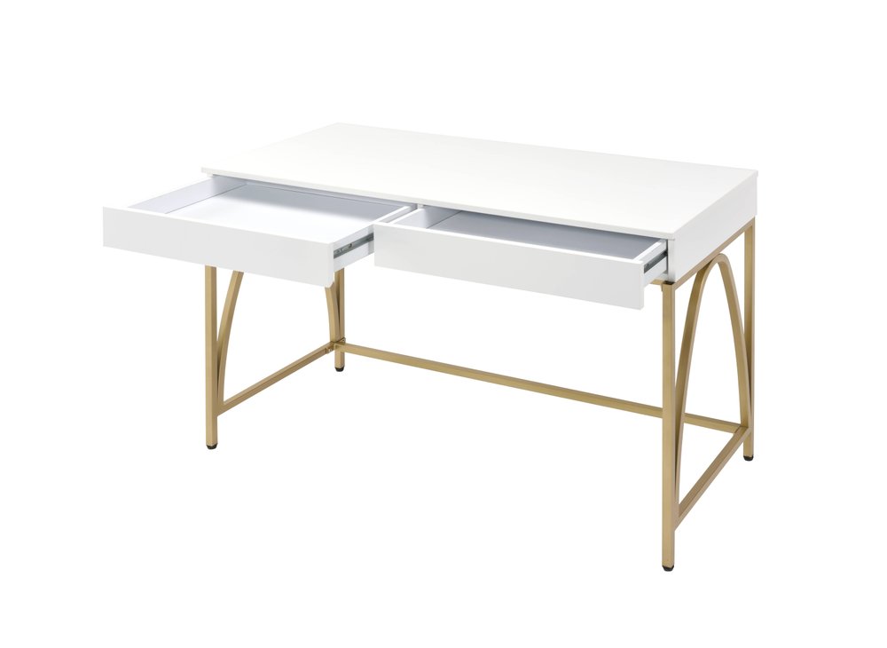 50" White And Gold Wood and Steel Vanity Table With Two Drawers