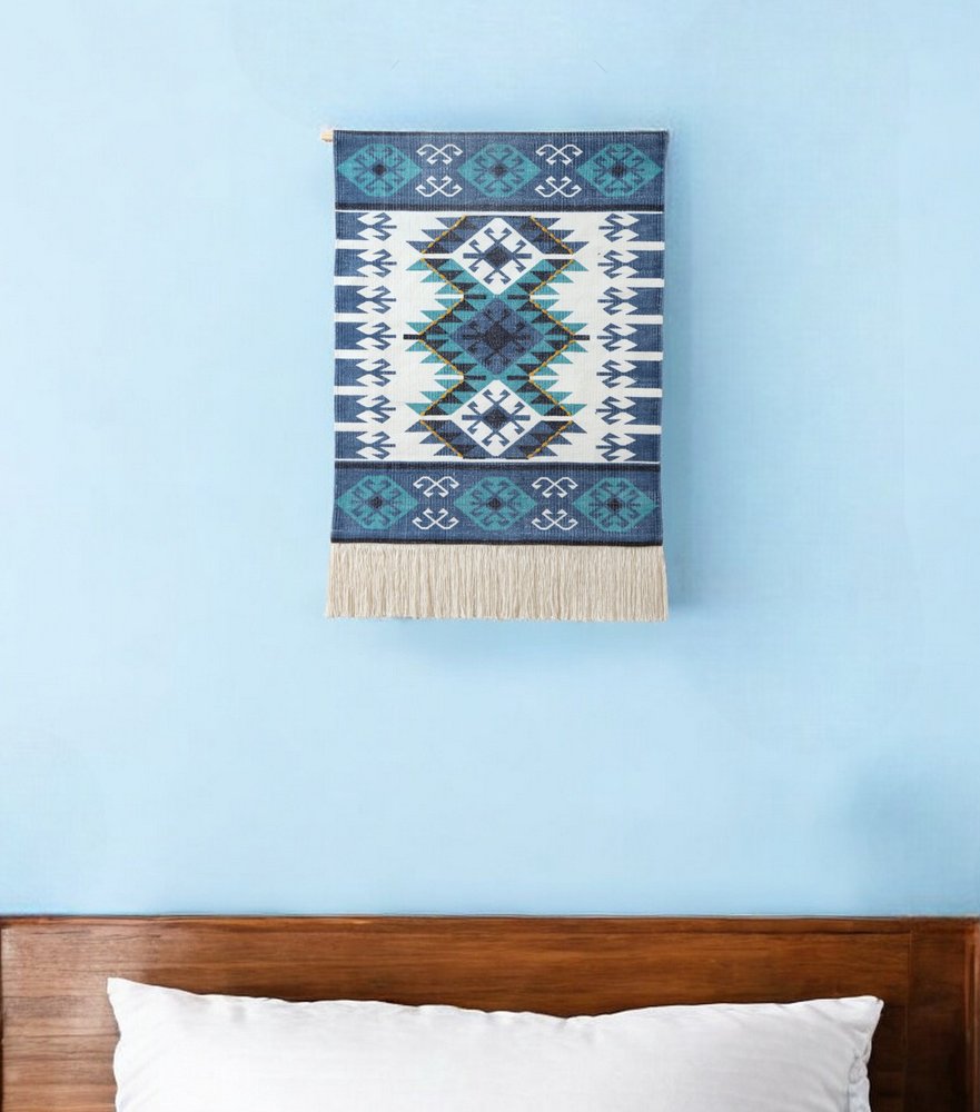 36" X 20" Blue Ivory And Teal Southwestern Cotton Hanging Tapestry