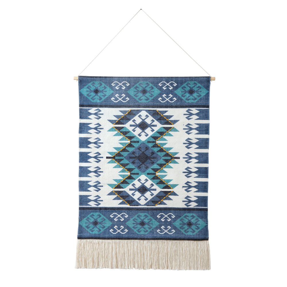 36" X 20" Blue Ivory And Teal Southwestern Cotton Hanging Tapestry