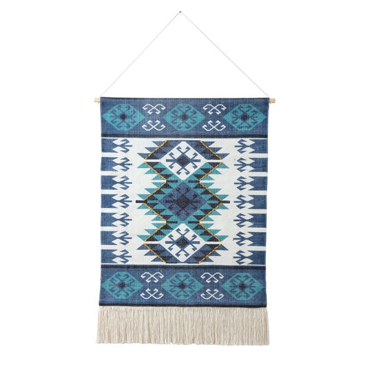 36" X 20" Blue Ivory And Teal Southwestern Cotton Hanging Tapestry