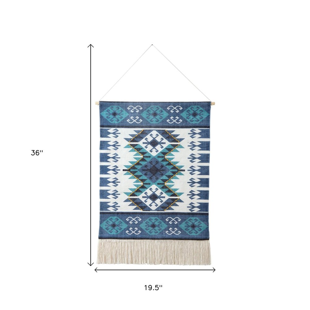36" X 20" Blue Ivory And Teal Southwestern Cotton Hanging Tapestry