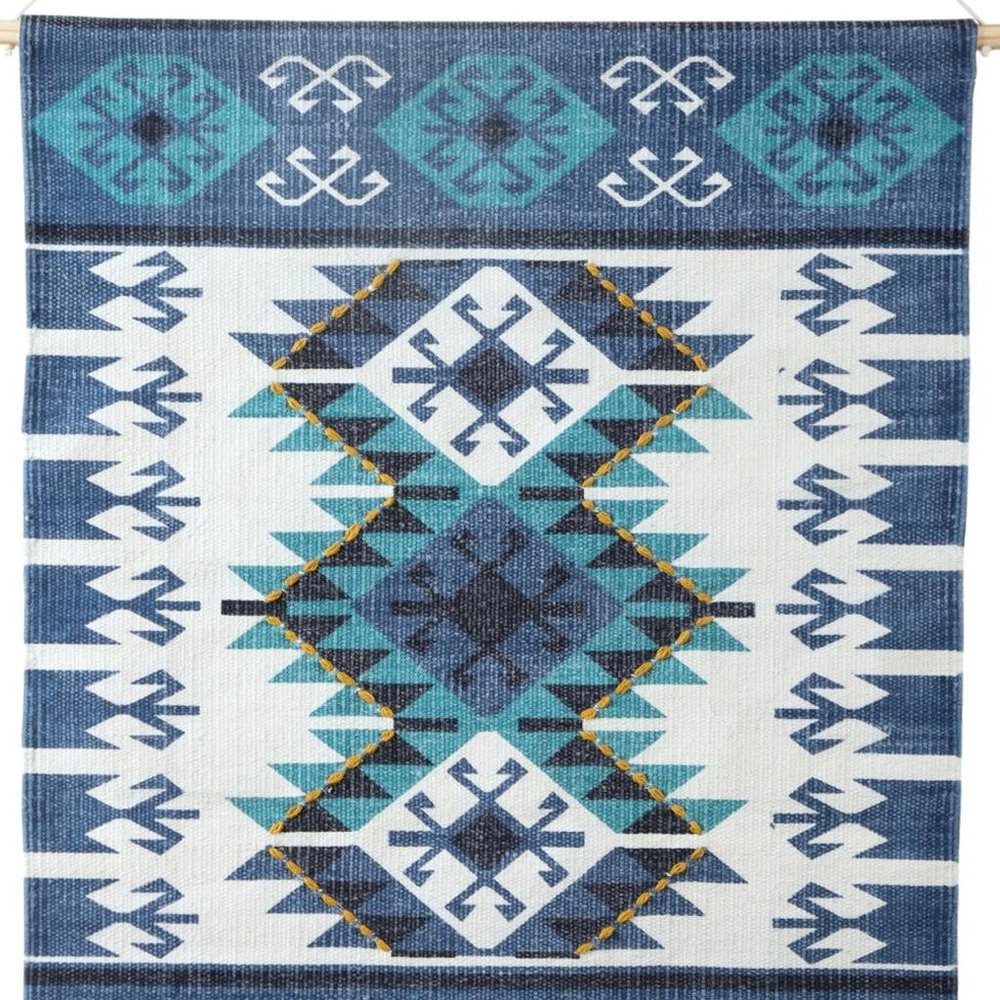 36" X 20" Blue Ivory And Teal Southwestern Cotton Hanging Tapestry