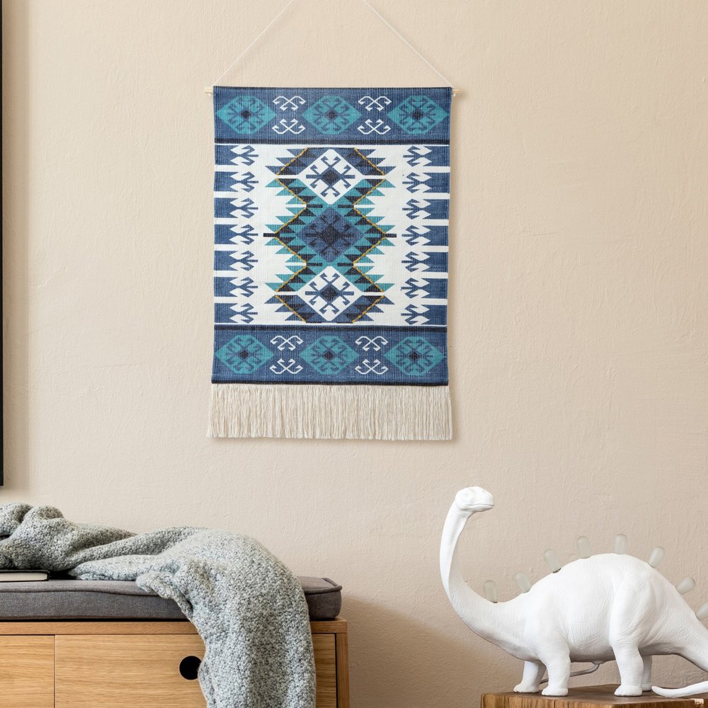 36" X 20" Blue Ivory And Teal Southwestern Cotton Hanging Tapestry